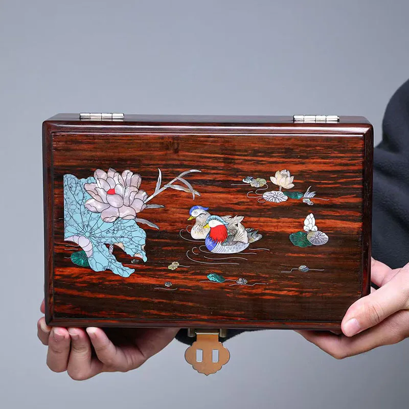 Big red sour branch inlaid snail mandarin duck water play jewelry box national style mahogany retro style wedding jewelry