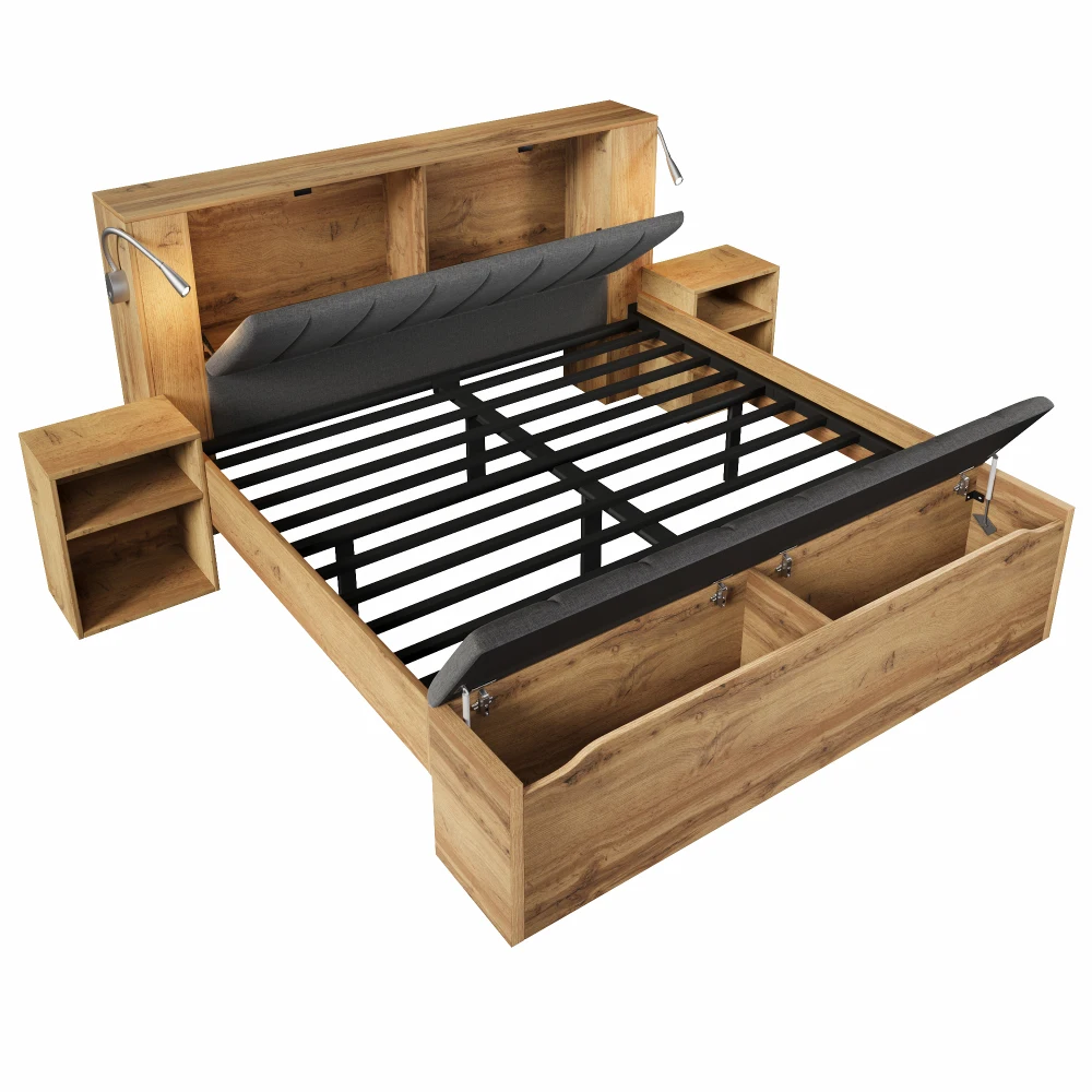 Doppelbett aus Holz mit klappbarem Kopfteil, Leinen, Bett mit Stauraum und zwei Nachttischen, Leselampen mit USB, Schiefergrau