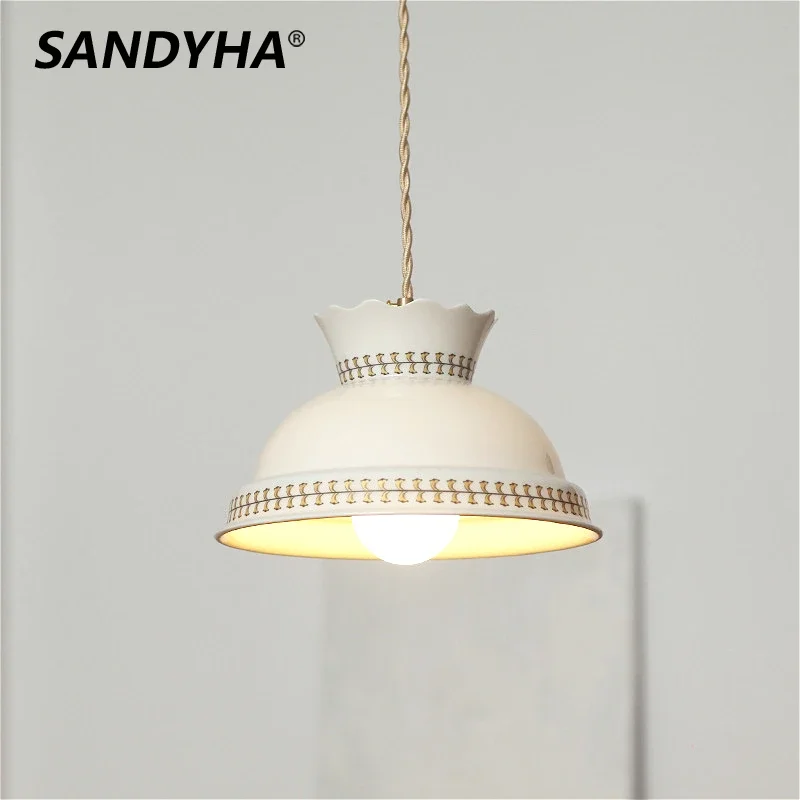 

Retro Relief Printed Ceramic Pendant Light White Hanging Lamp Home Decoration Bedroom Dining Table LED Small Ceiling Chandelier