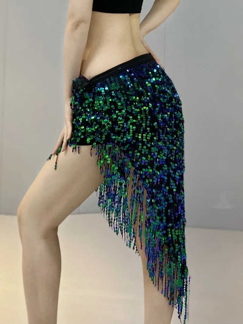 Traje de danza del vientre personalizado para mujer, cadena de cintura, bufanda de cadera, falda envuelta, falda con borla de lentejuelas, disfraz de actuación de práctica