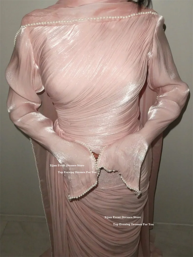Suknie wieczorowe Xijun, skromne, różowe, długie, z długim rękawem, zdobione perłami, muzułmańskie suknie balowe, plisowane, luksusowe suknie balowe w stylu Dubai, damskie, szyte na miarę.