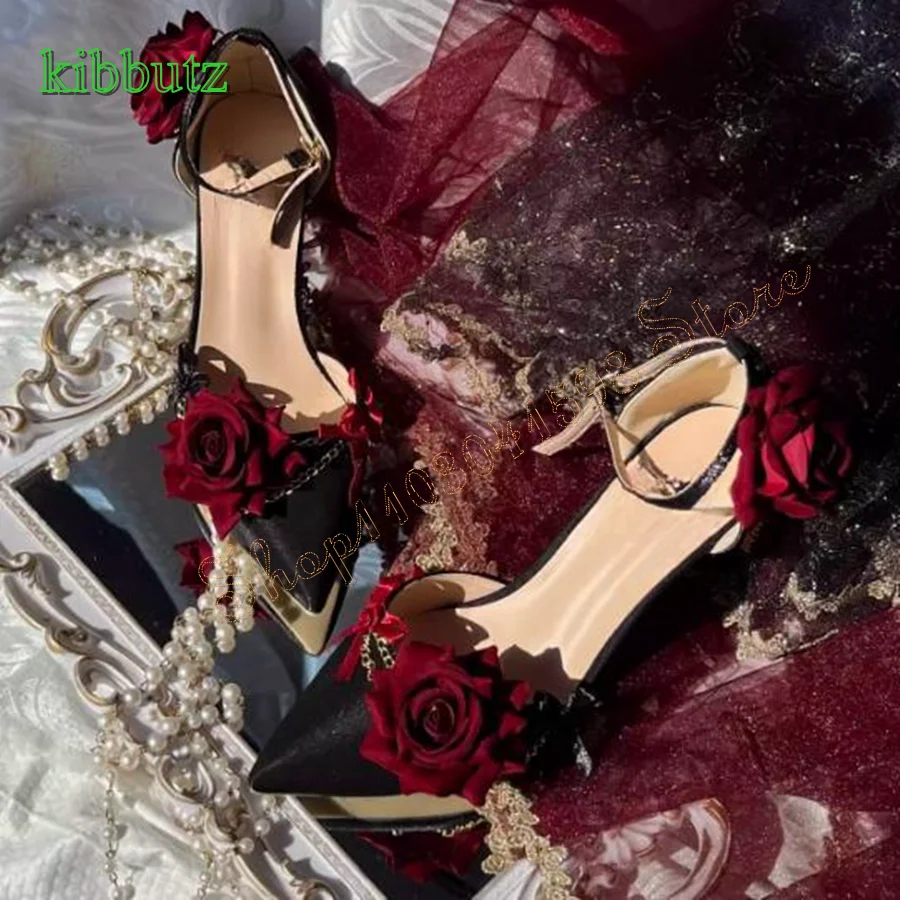 

Fashion Red Rose Wedding Pumps Pointed Toe Satin Stiletto Shoes for Women Party High Heels Plus Size2024 New Zapatos Para Mujere