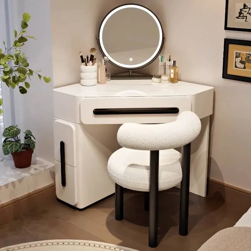 European Luxury Drawers Vanity Desk Stool Slim Corner Adult Cabinet Vanity Bedroom Mirror Compact Coiffeuse De Chambre Furniture