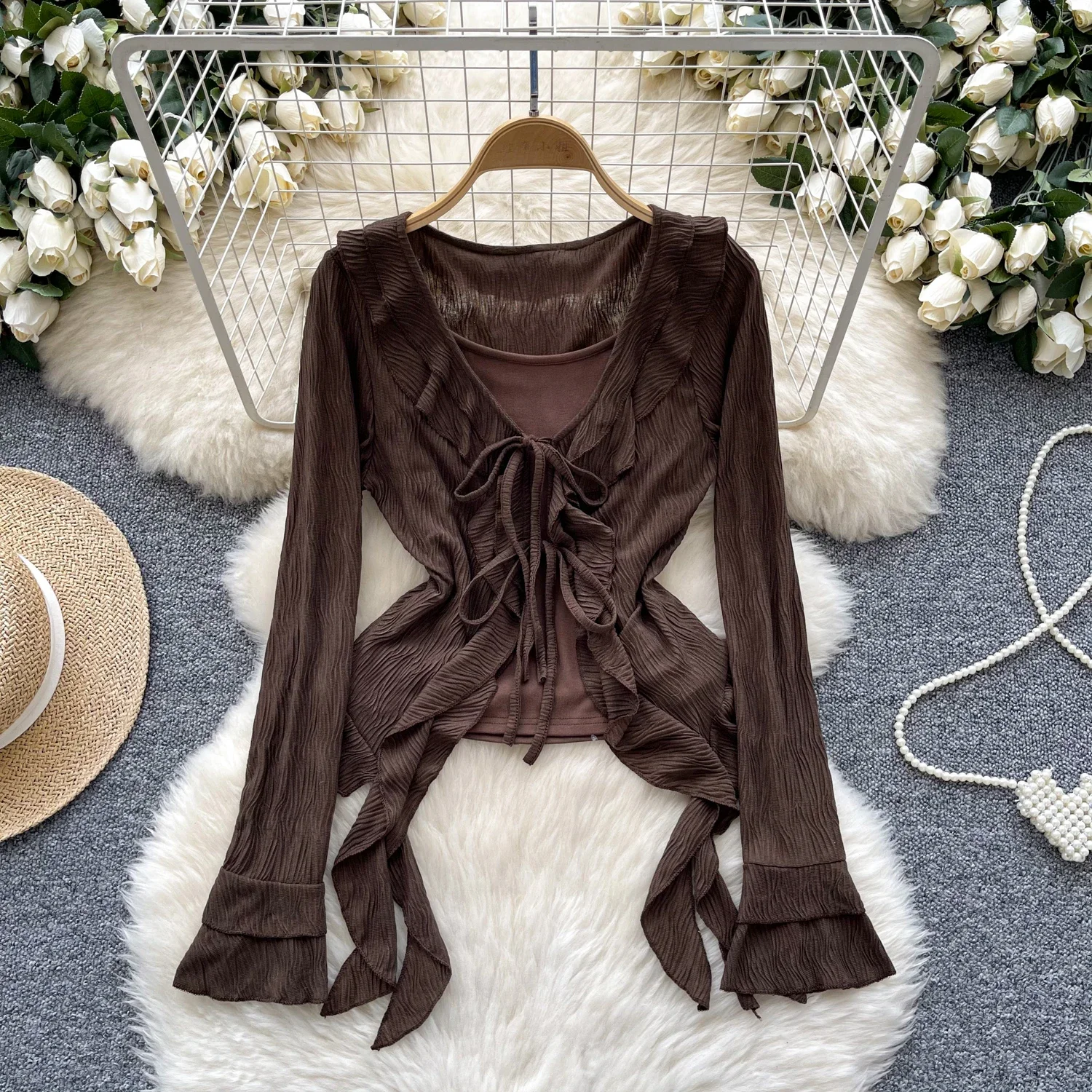 Chic Two Pieces Sets Straps Camis Vest High Street Ruffle Slim Riddons Asymmetrical Long Sleeve Top Autumn Winter Women Clothing