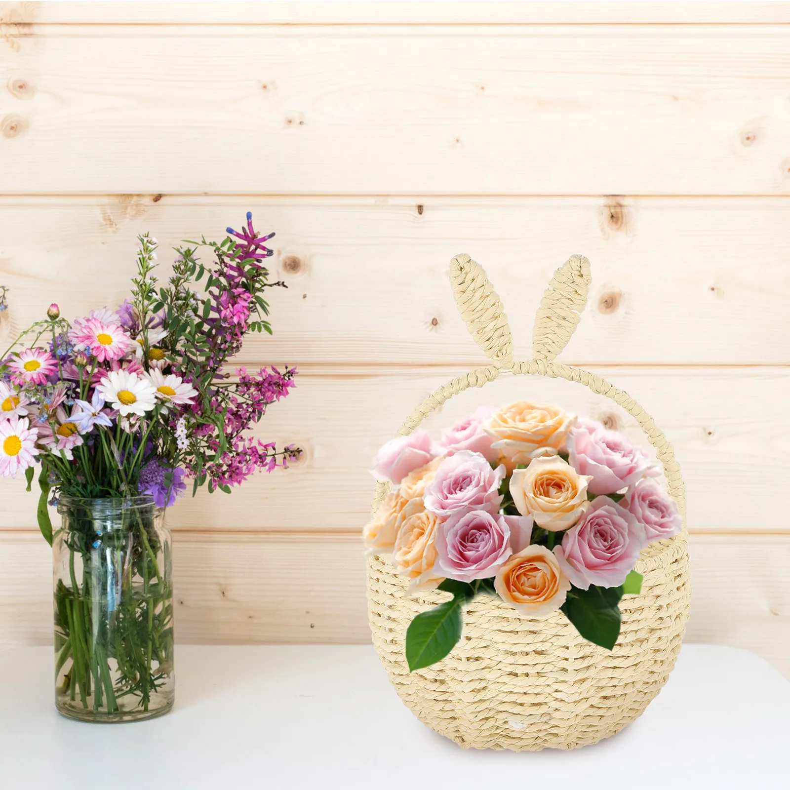 

Rabbit Ears Woven Flower Basket H made Storage Baskets H Home Bedroom Living Room Kitchen Shelf Multi Purpose