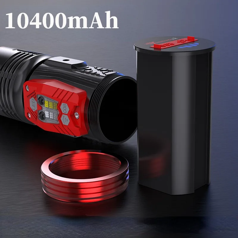 Powerful LED Flashlight 10400mAh Zoomable Fishing Torch Type C Charging Searchlight for Outdoor Emergency Patrol Camping