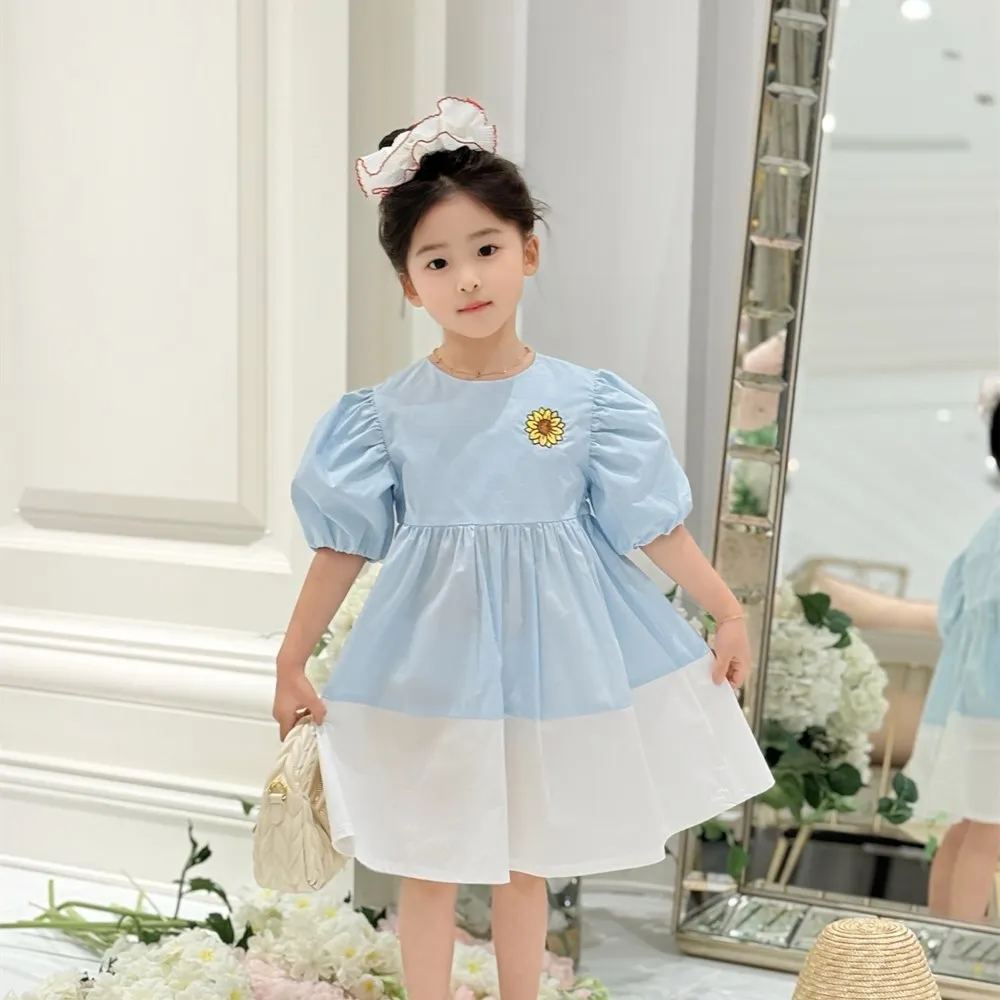 summer dress baby girl clothes Blue and white patchwork dress kids sunflower embroidery fashion dresses