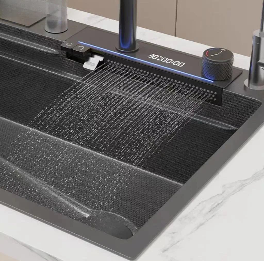 Grifo de cascada de gran oferta, fregadero de cocina negro de panal biónico de ranura única de acero inoxidable 304 con pantalla Digital Led