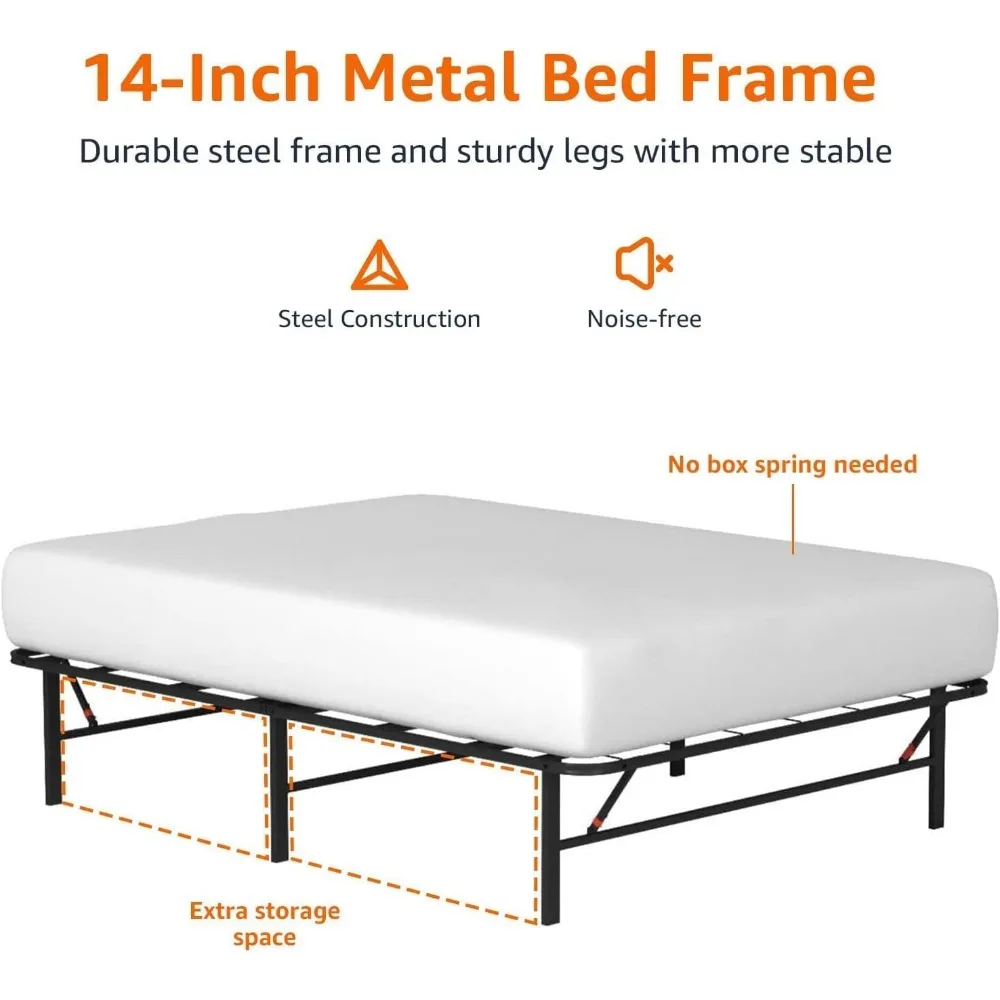 Foldable Metal Platform Bed Frame with Tool Free Setup, 14 Inches High, Sturdy Steel Frame, No Box Spring Needed, Full, Black