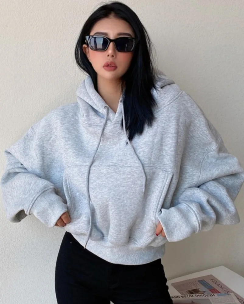 

Korean Women Short Tops American Loose Bat Sleeve Hoodie Women Fashion High Waist Bigh Pullover Sweatshirt V642