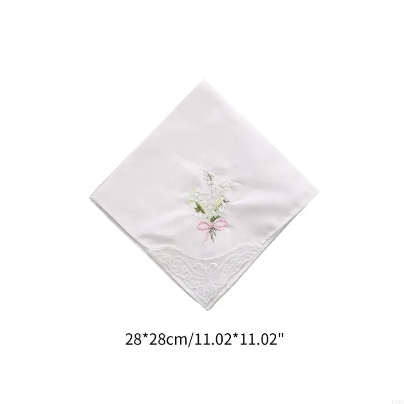 R1WE 28 Katoen Zacht Geborduurde Vierkante Handdoek Vintage Bloemen Stijl Kanten Rand Zakdoek Bloem Zakdoek voor Vrouwen