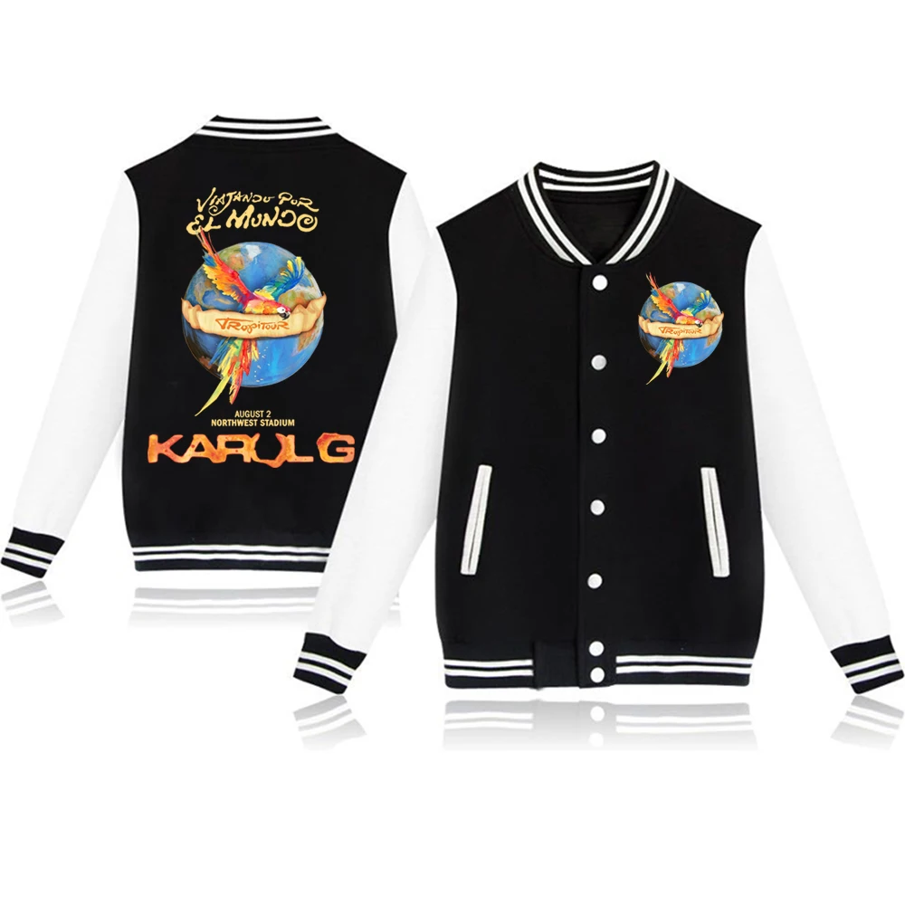 Karol G Viajando Por El Mundo Tropitour Baseball Uniform Hoodie Jacket Harajuku Long Sleeve Sweatshirt Fan Gift