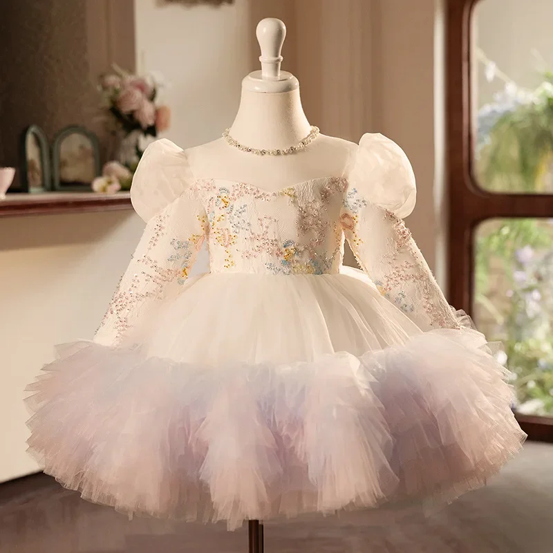 

Children Long Sleeves Autumn Summer Baby Girl Dress Round Neck Princess Dresses 1st Birthday Party Fashion Evening Clothing