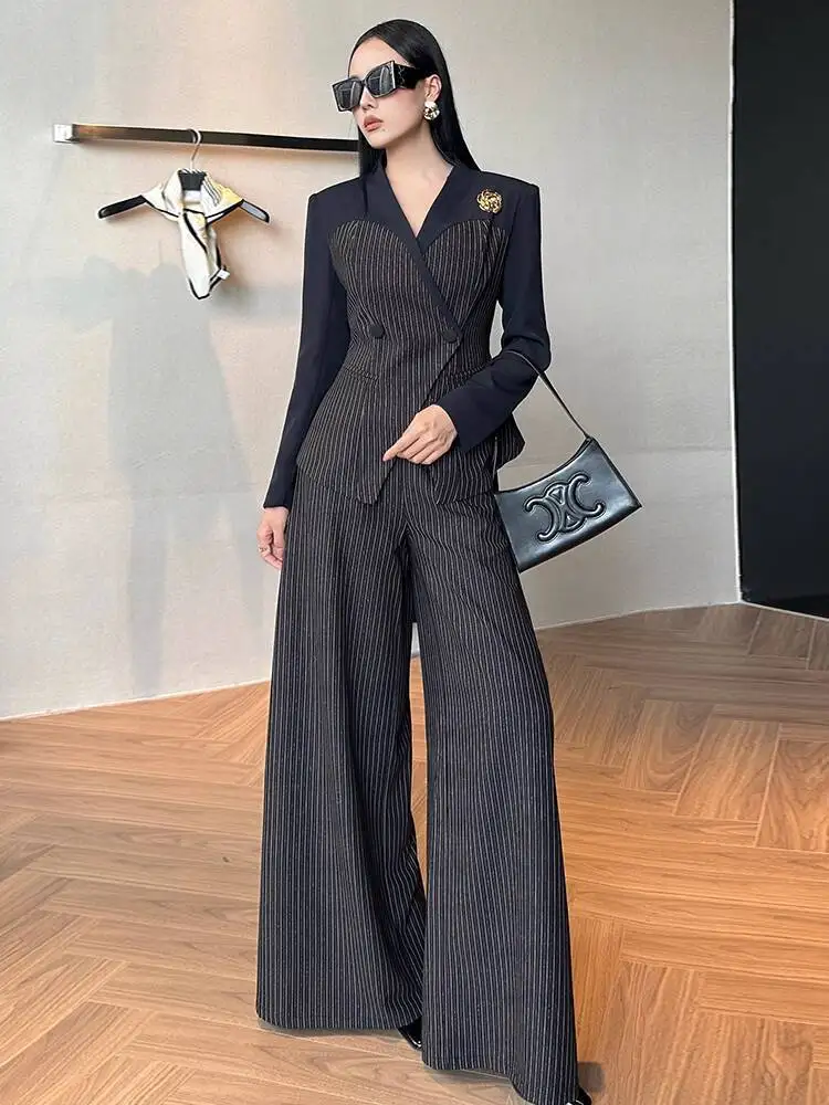 BEWQ moda mujer 2 uds conjunto con cuello en V manga larga Patchwork raya cintura Blazer pantalones sueltos traje de oficina para mujer 2025 otoño nuevo