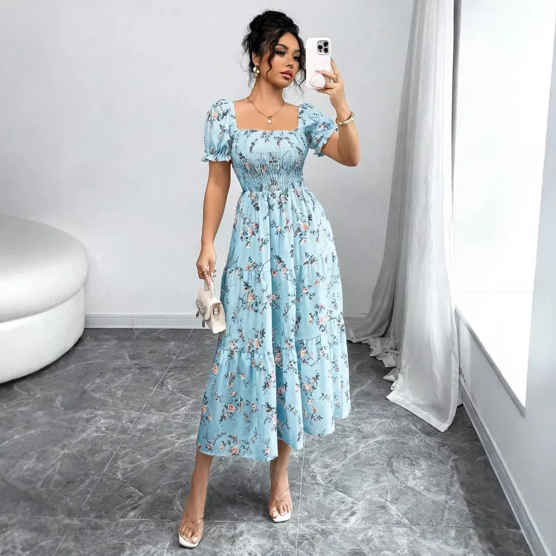

2026 New Cross Border Spring Women's Floral Print Midi Dress Square Neck Short Sleeve Elastic High Waist A-Line Flowy Ruffle Hem