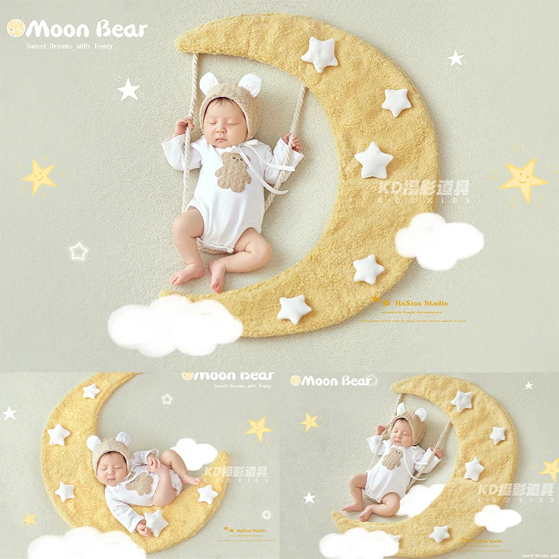 

Moon and Star Theme Newborn Photography Outfit, Baby Bear Ear Hat+White Jumpsuit Romper, Photography Props and Infant loungewear