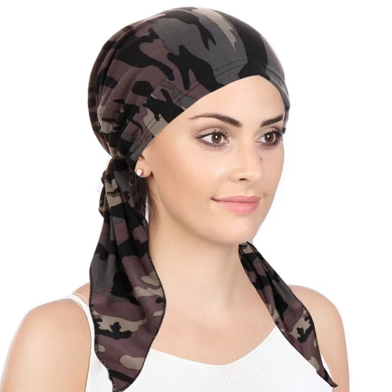 2022 New Muslim Women Soft Turban Hat Pre-Tied Head Scarf Printed Ladiess Cotton Chemo Cap Inner Hijabs Hair Accessories