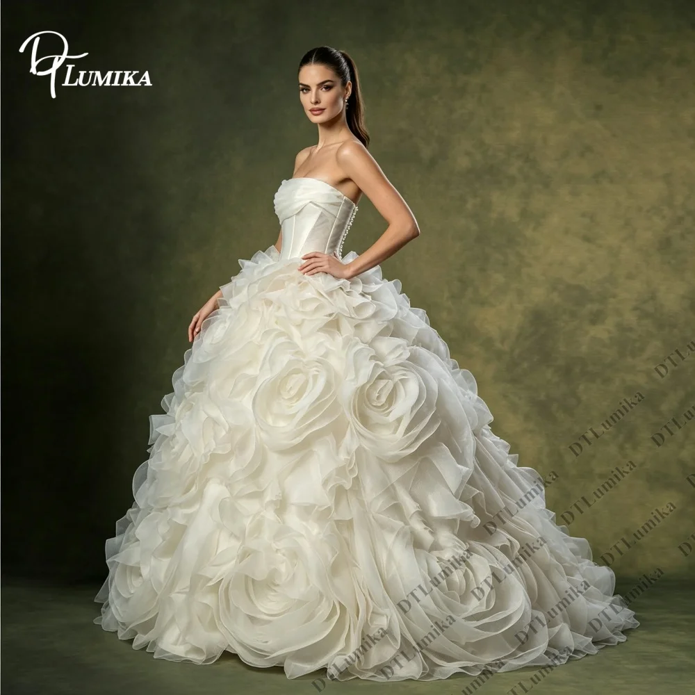 Customized 3D Rose Floral Wedding Dress Strapless Ball Gown Bridal Gown Long Puffy Formal Gown for Bride Wedding Ceremony Dress