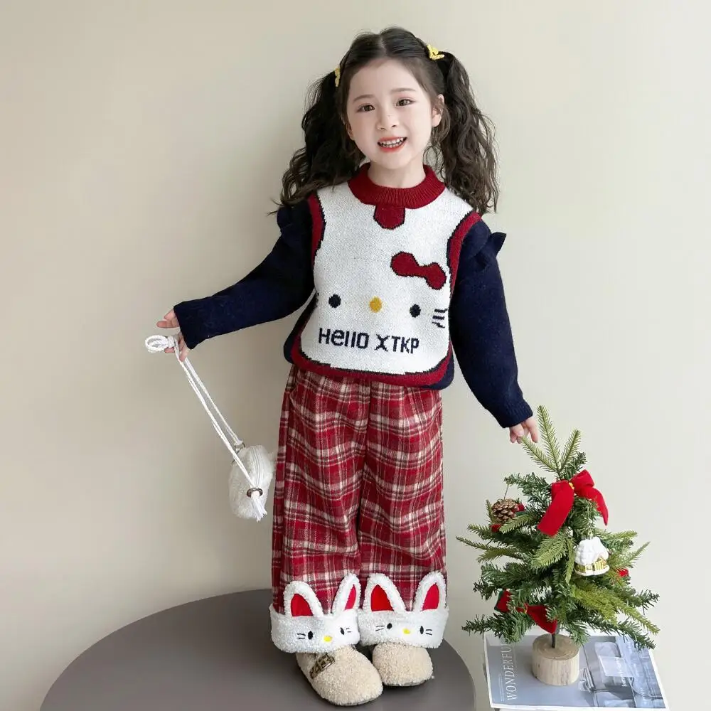 

Sanrio HelloKitty Girls Thickened Cartoon Sweater Set Autumn and Winter Children's Style Velvet Plaid Pants Winter Two-Piece Set