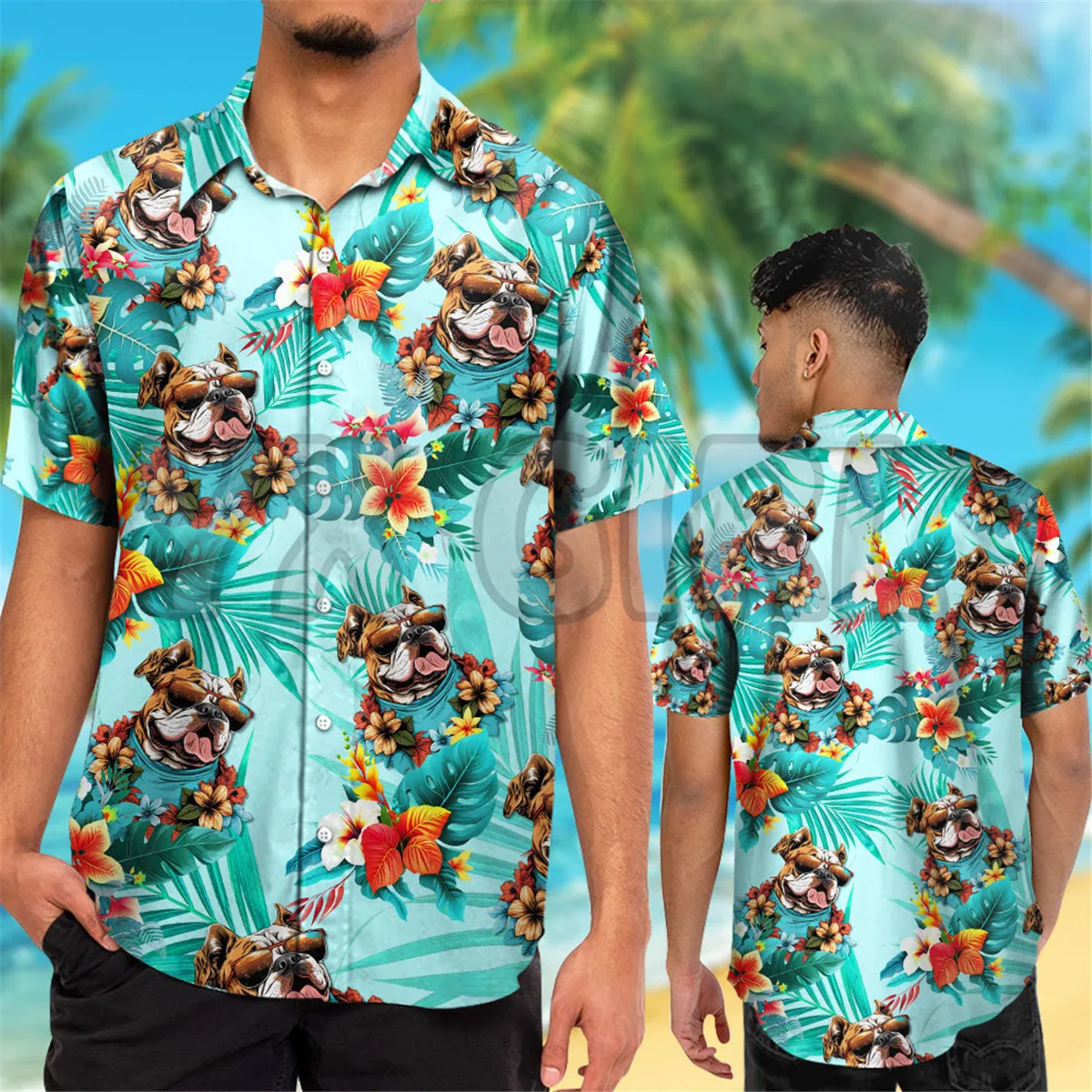 Chemise hawaïenne imprimée en 3D pour hommes, chemise hawaïenne colorée, short de plage, bouledogue portant des lunettes de soleil, cadeau d\'amour