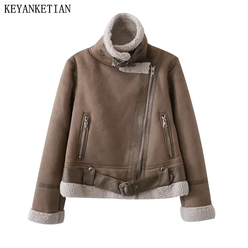 KEYANKETIAN Winter New women's Sherpa Leather Jacket Vintage con cintura in pelle asimmetrica Zip Jacke Feminina Heavy PU TOPS