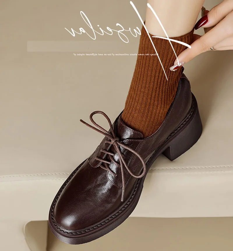 EAGSITY cow Leather women oxford shoes retro chunky Heel derby shoes outdoor footwear lace up brown leather work shoes party