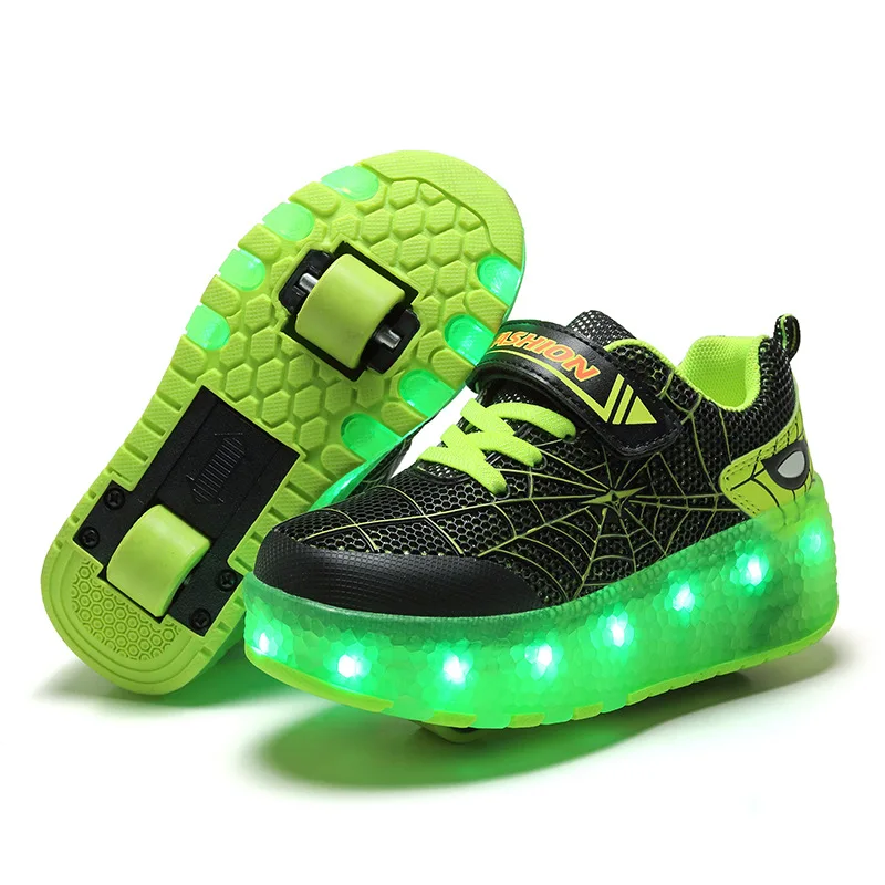 Kid Sneakers Spider Cartoon Mesh Usb Charge Luminous Shoes Outdoor Sport Roller Skates Child Skate Shoes Boys Girls Casual Shoes