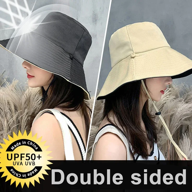 Summer Sun Hat Double-sided Foldable Bucket Hat Women Fisherman Visor Cap Anti-UV Wide Brim Sunscreen Hats Breatheable Caps