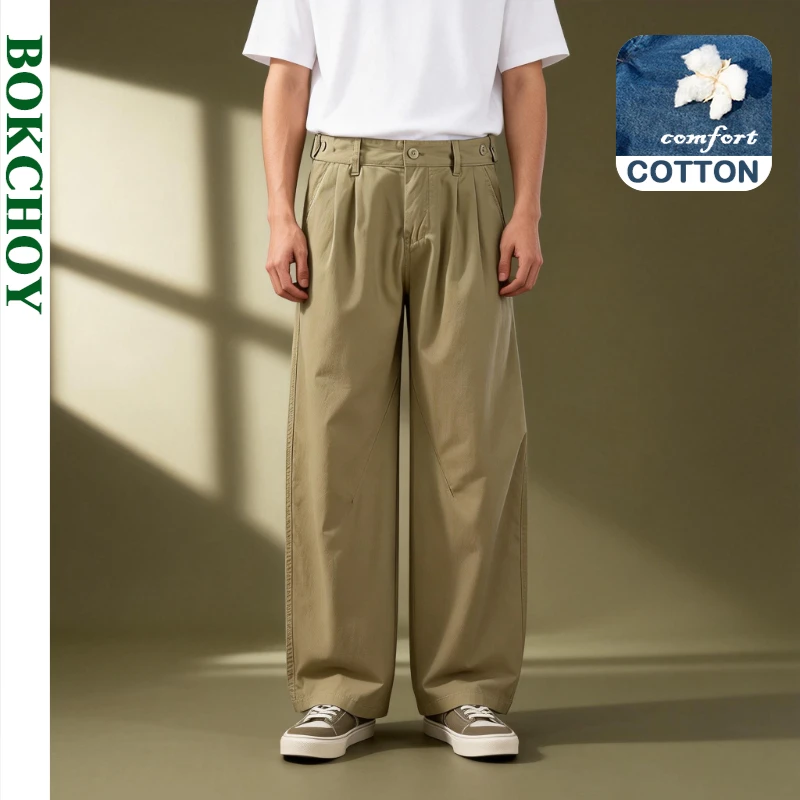 

2026 Spring Summer New Casual Thin Straight Cotton Trousers for Men Clothing Elastic Waist Soft Comfort Male Pants LX6036