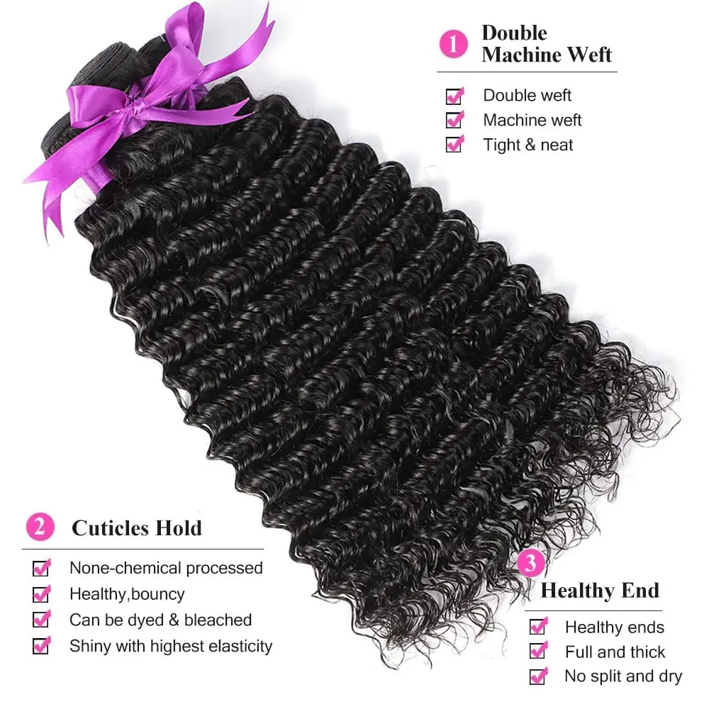 Brazilian Deep Wave Hair 3 Bundles 100% Human Hair Bundles Natural Black Remy Hair Extensions