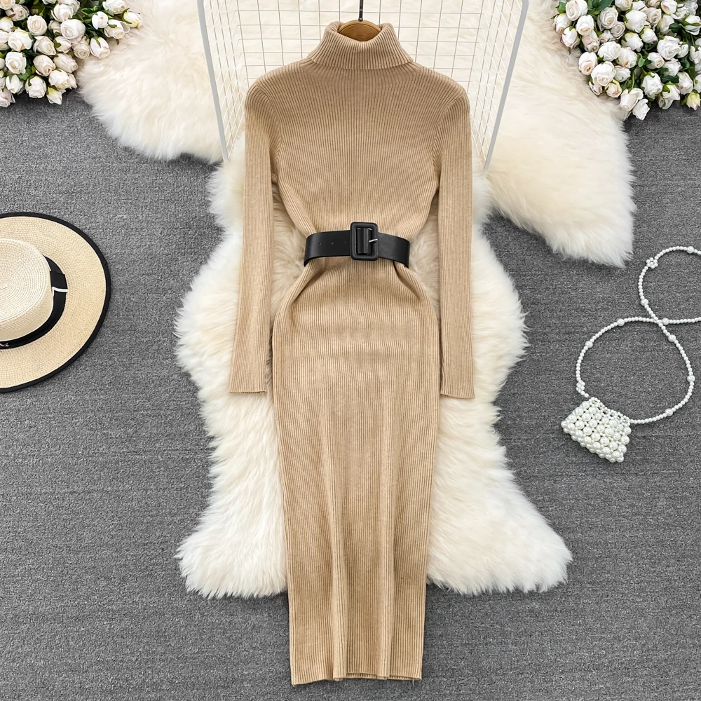 REALEFT Autumn Winter 2025 New Turtleneck Women's Knitted Dresses with Belted Long Sleeve Elegant Bodycon Wrap Dress Female - Image 3