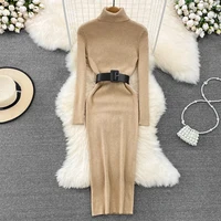 REALEFT Autumn Winter 2025 New Turtleneck Women's Knitted Dresses with Belted Long Sleeve Elegant Bodycon Wrap Dress Female - Image 3