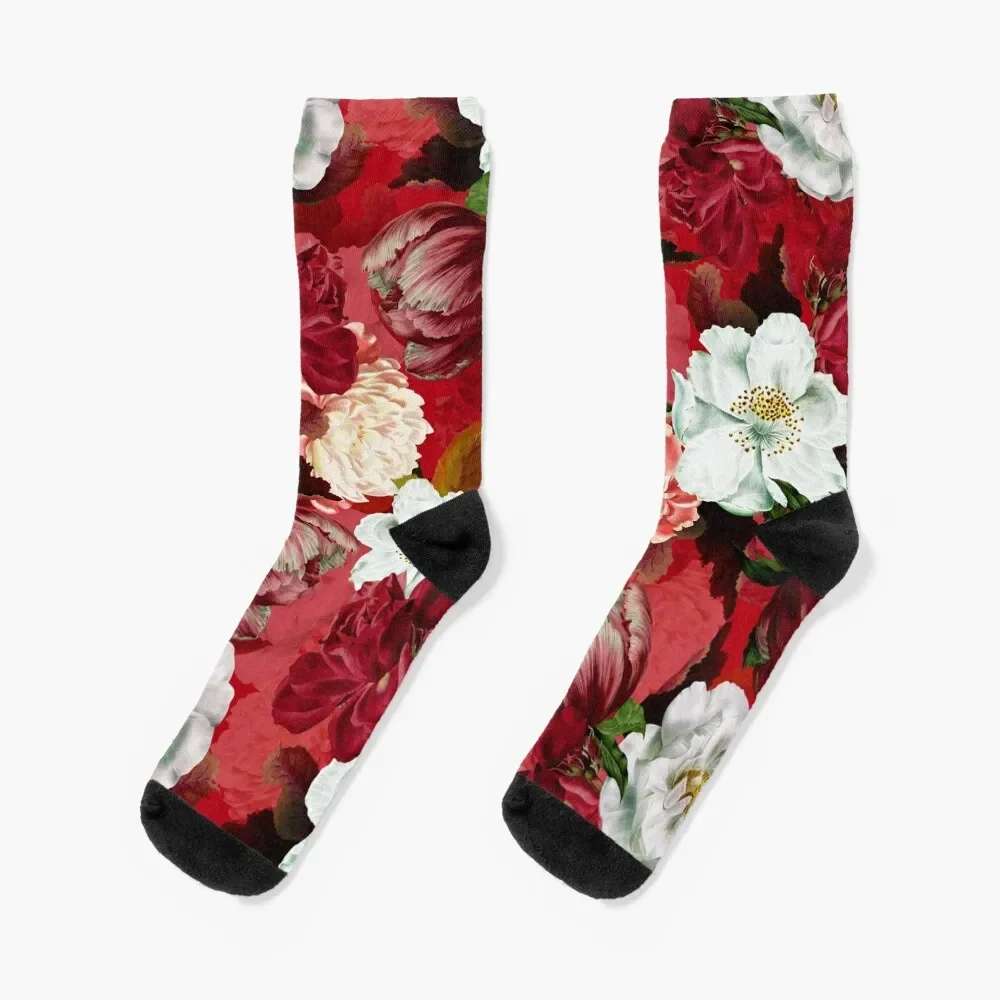 Antique Red Midnight Botanical Flower Rose Garden Socks cute happy Socks Man Women's