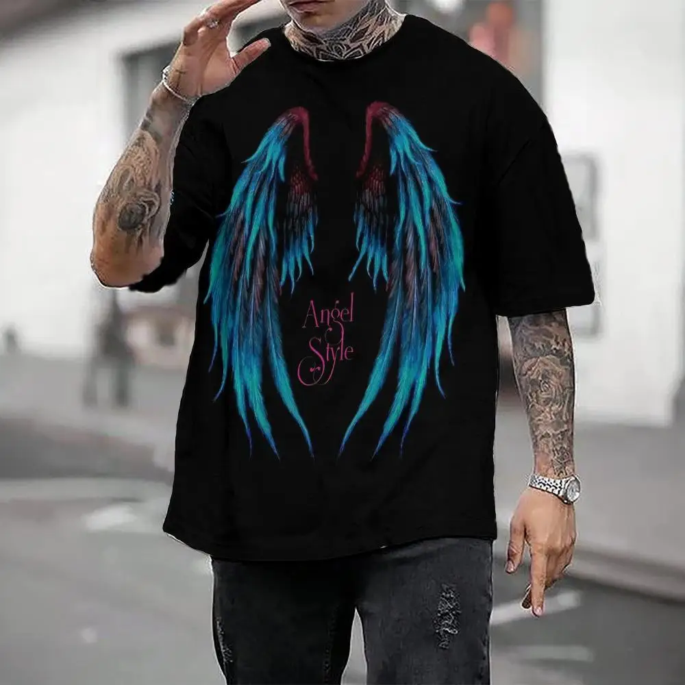 Men\'s T-Shirt With Wing Pattern Printed T-Shirt Casual Short Sleeved T-Shirts Oversized Men Clothing Tops Outdoor Street Clothes