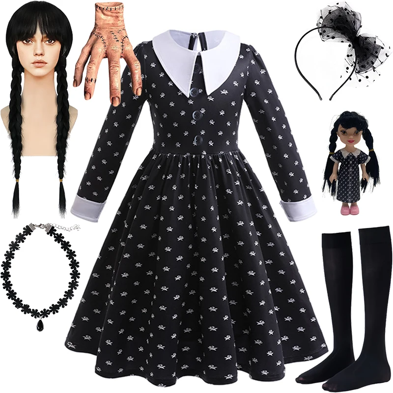 Halloween Disguised Child Long Sleeve Black Floral Addams Dress for Girls Carnival Elegant Party Masquerade Performance Costumes