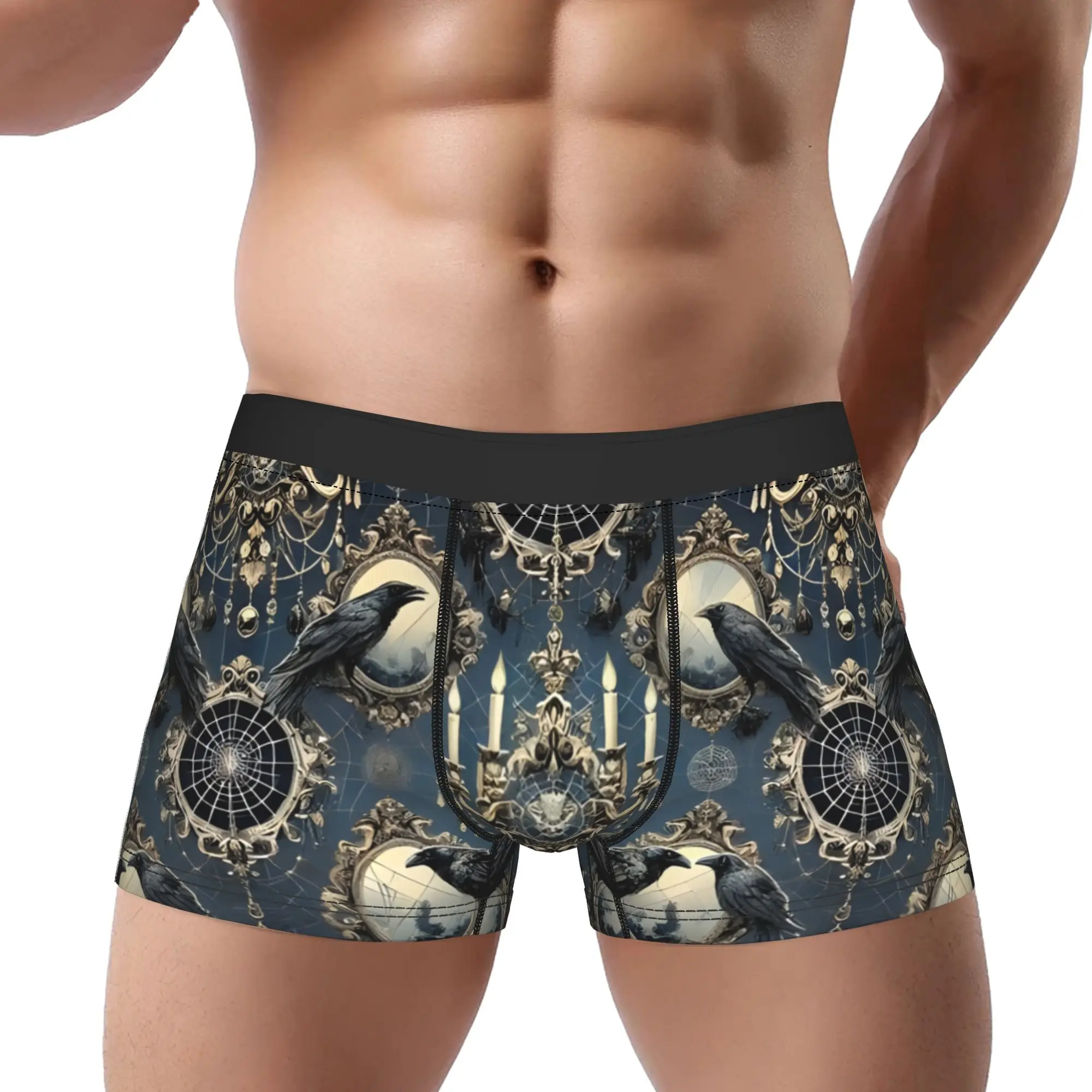Gothic Raven Pattern Underpants Breathbale Panties Man Underwear Gothic Print Shorts Boxer Briefs