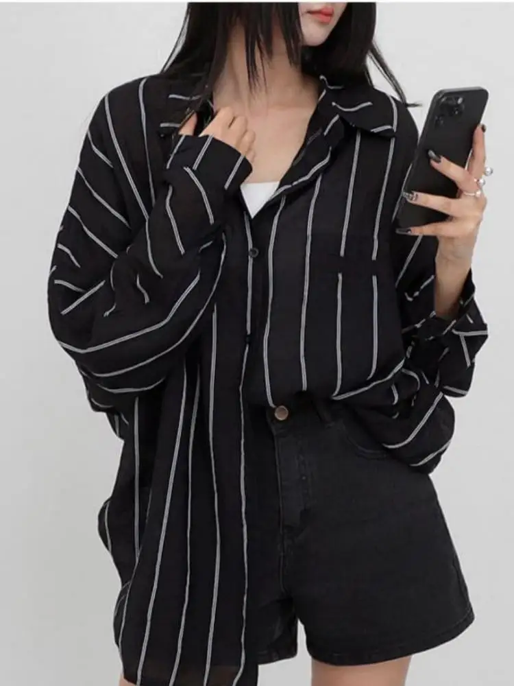 

Korean Vintage Women's Black Striped Single Breasted Shirt Spring Autumn Long Sleeve Elegant Versatile Blouse Tops Casual Trendy