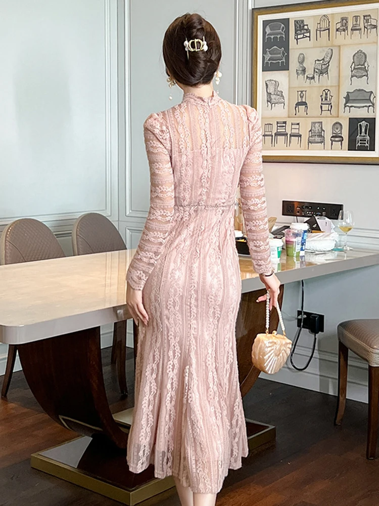 New Spring Lace Sweet Evening Long Fishtail Dresses Women Clothing Chic Sexy Hollow Slim Party Dress Robe Mujer Autumn Vestidos