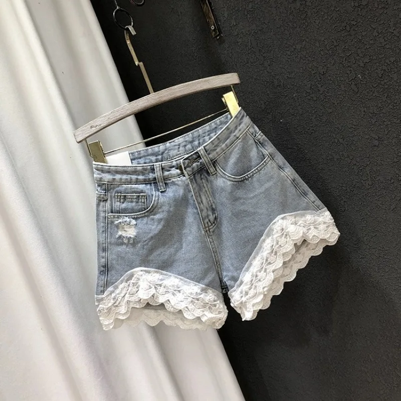 2024 Summer New Korean Shorts Women's Jeans Spliced Lace Fashion A-line Denim Shorts Y2K Streetwear Wide Leg Pants Women