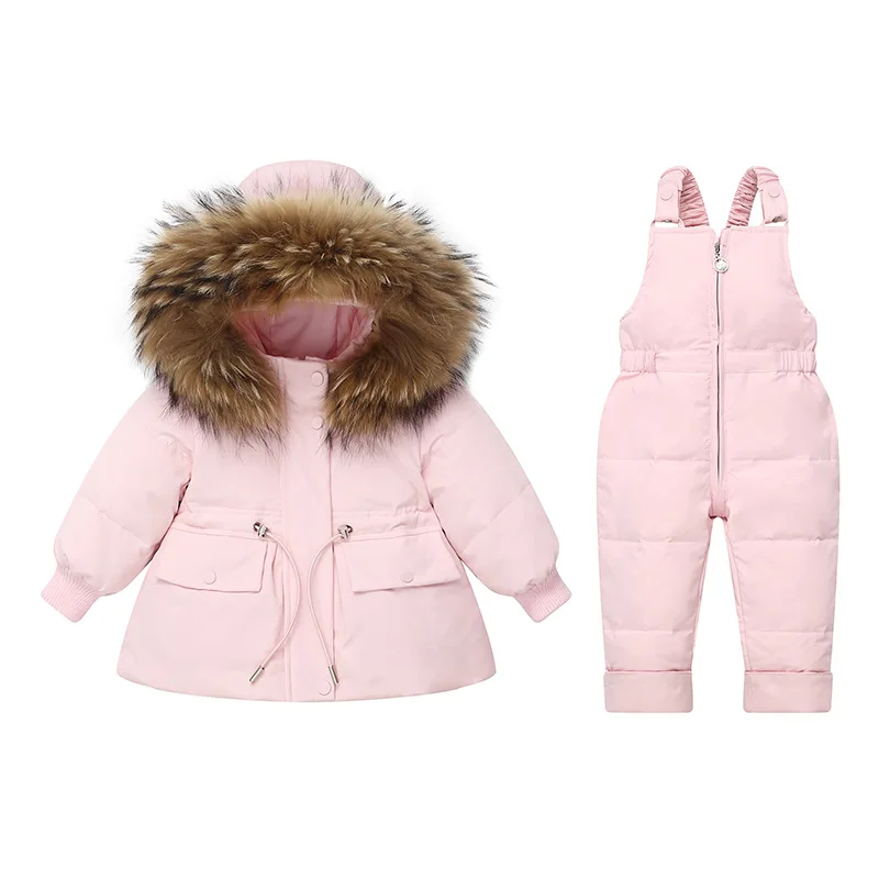 Children\'s Down Jacket Fur Collar Hooded Set Girls Down 2 Piece Set Boys\' Winter Solid Warm White Duck Down Filling Clothes Set