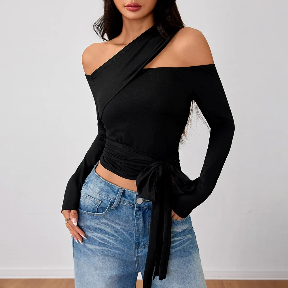 

Women Casual Tees Streetwear T-Shirts Irregular Long Sleeves Slash Neck Top Elegant Strap Skinny 2025 Spring Y2k Streetwear
