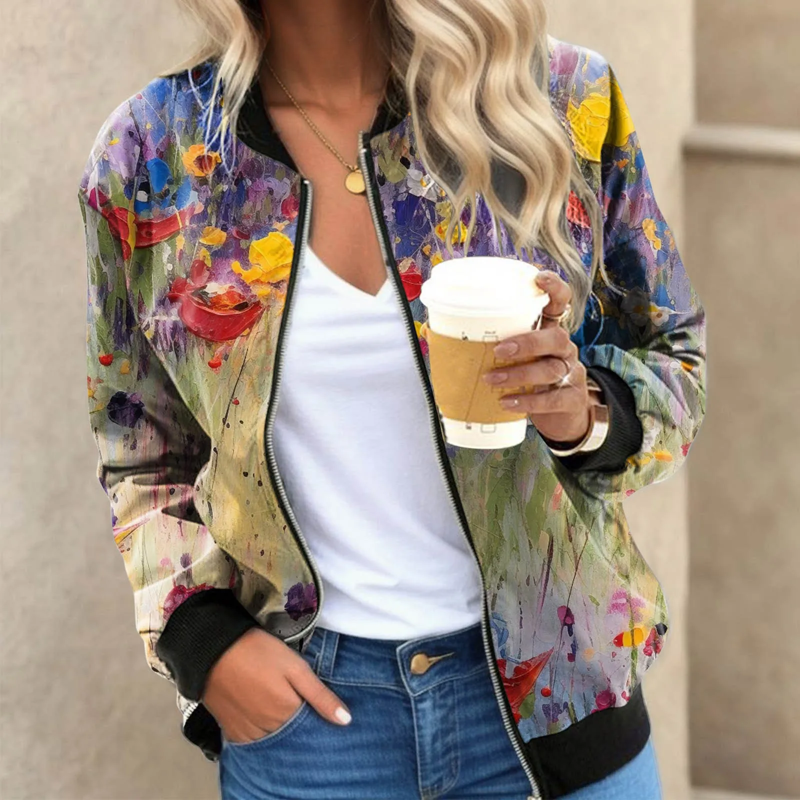 

Women Vantage Zipper Bomber Jackets Floral Print Thin Coat Cardigan Loose Baseball Uniform Female Long Sleeve Retro Outwear