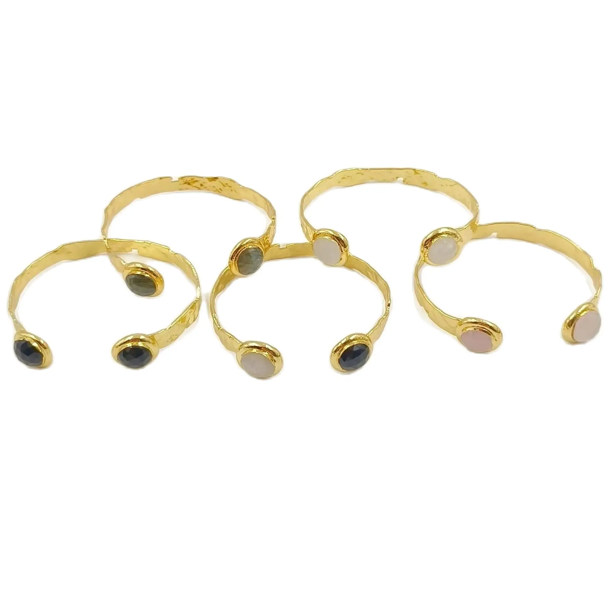 

WT-B650 Newest Design Fashion 18K Real Gold Plated Resist Tarnishable Double Round Labradorite Stone Open Size Women Bangle 10PC