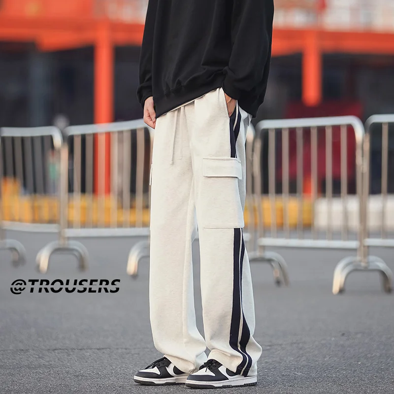

Gray/Black Casual Pants Men's Side Striped Pocket Sweatpants Men Streetwear Loose Straight Cargo Mens Drawstring Trousers