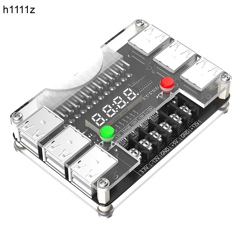 

ATX Power Supply Breakout Board Acrylic Case Kit 3.3V/5V/12V/-12V Output Voltage 12 Port USB 3A Maximum Output LED Light Display