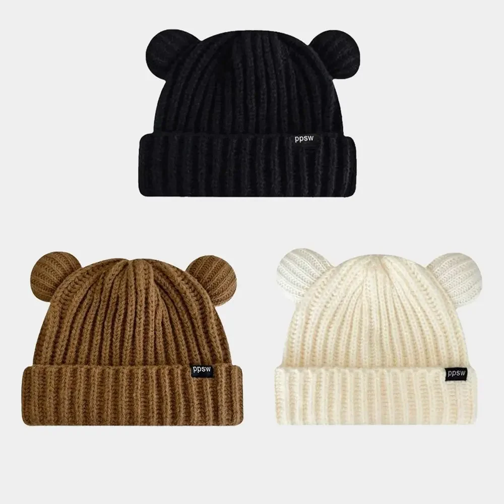 New Fashion Knitted Hat Women Girl Cute Bear Ear Knitted Hat Winter Warm Hat Couple Hats Elastic Woolen Knitted Caps Black