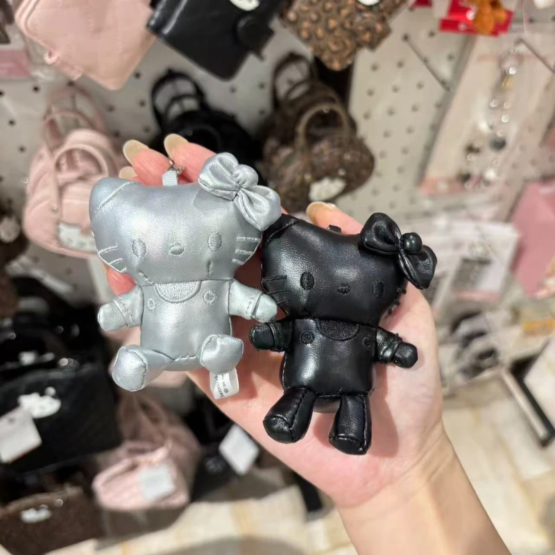 Sanrio 8cm couro hello kitty mini chaveiro de pelúcia kawaii rosa leopardo colorido kitty boneca criativo mochila pingente acessórios