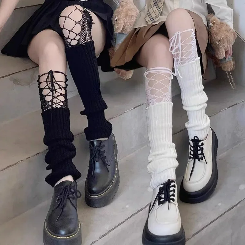 

Y2k Lolita Cosplay Leg Warmers Japanese Jk Strappy Long Socks Sweet Hollow Ribbon Socks for Women Black White Fishnet Stocking