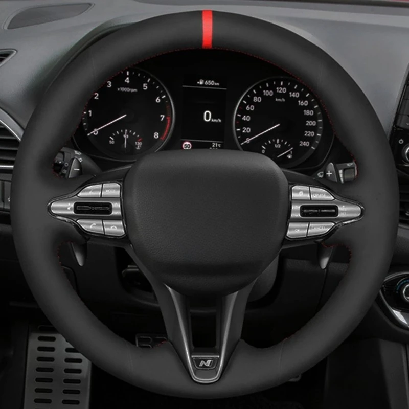 Car Steering Wheel Cover Hand-Stitched Soft Black Genuine Leather Suede For Hyundai i30 N 2018-2020 Veloster N 2019-2021