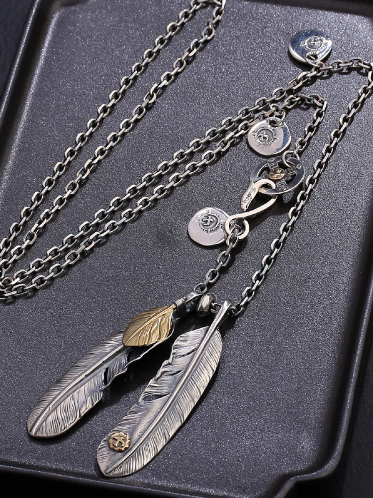 Unisex Feather Cross Pendant Necklace Taijiao Chain High Bridge Wulang Style Sweater Chain Fashion Jewelry Accessory